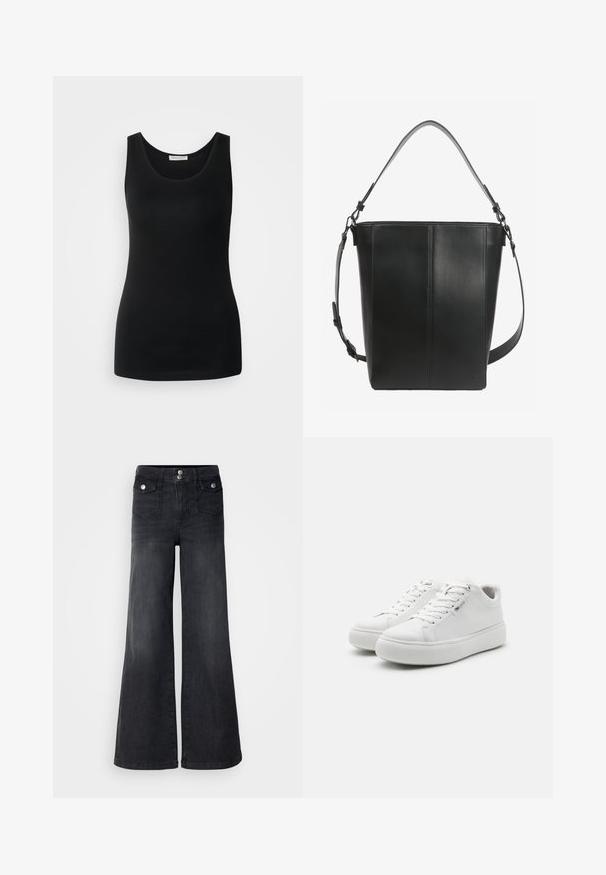 Sort ærmeløs tanktop, lavet af glat stof, har en klassisk rund halsudskæring og en tætsiddende design. Ingen mønstre eller detaljer.; Sorte denim brede ben jeans med høj talje, forknapper og to forlommer; glat tekstur med en let falmet finish.; Hvide lavtop sneakers med en glat lærredsoverdel, rund tå og tyk gummisål. Har snørebånd foran og et minimalistisk design.; Sort læder bucket taske med lodret syning, et kort håndtag og en justerbar skulderrem med metalspænder.