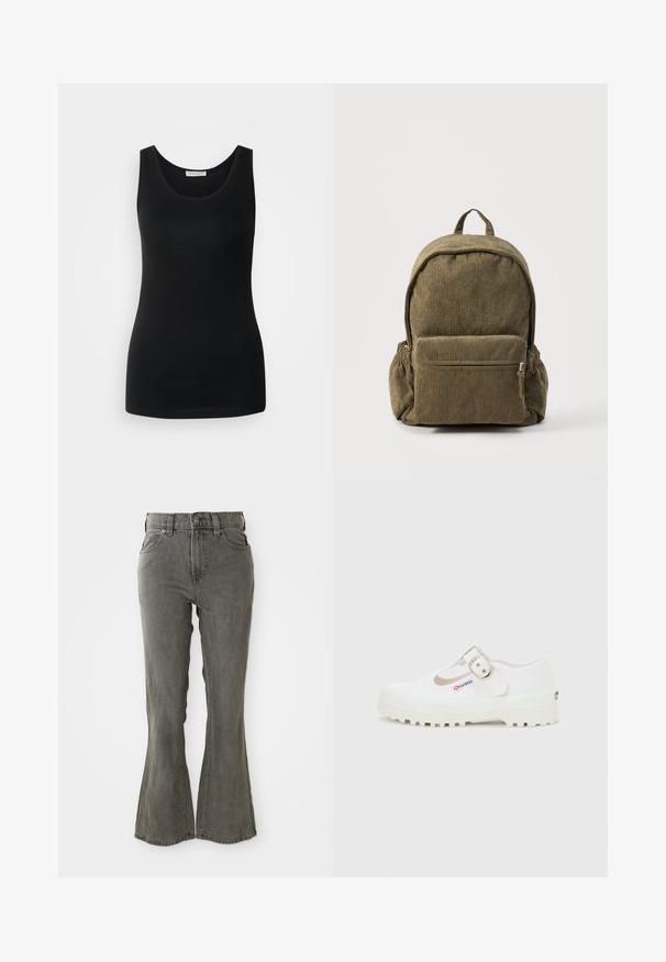 Schwarzes ärmelloses Tanktop, aus glattem Stoff, mit klassischem Rundhalsausschnitt und tailliertem Schnitt. Keine Muster oder Akzente.; Grau mit Schlag geschnittene Jeans aus Denim mit hoher Taille, Gürtelschlaufen, fünf Taschen und einem weichen, strukturierten Stofffinish.; Weißer Mary Jane Schuh aus Canvas mit dicker profillierter Sohle und silberner Schnalle, an der Seite mit kleinem "Superga"-Etikett versehen.; Olivgrüner Cord-Rucksack mit vorderer Reißverschlusstasche, elastischen Seitentaschen und oberem Tragegriff auf weißem Hintergrund.