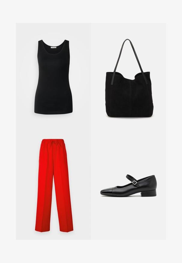Sort ærmeløs tanktop, lavet af glat stof, har en klassisk rund halsudskæring og en tætsiddende design. Ingen mønstre eller detaljer.; Røde bukser med vid bendesign, lavet af glat stof. Har en elastisk talje og snøre detaljer for justerbar pasform.; Sorte læder Mary Jane-sko med en patenttå, justerbar ankelrem og lav blokhæl. Glat tekstur og strømlinet design.; Sort ruskinds totemed med to lange, flade læderremme. Har en buet topkant og synlige stikninger langs forsiden. Ingen hardware-dekorationer.