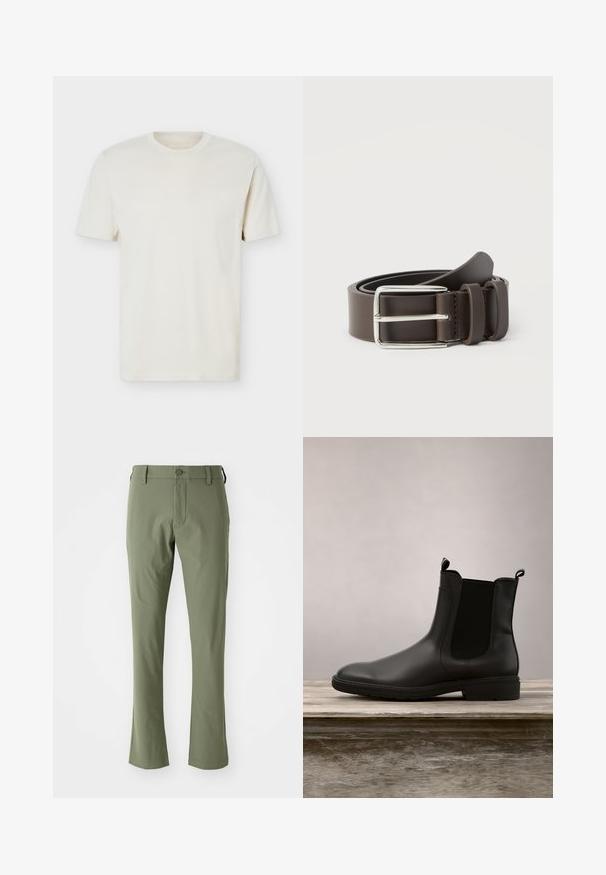Simpel, off-white T-shirt med korte ærmer og rund hals, med diskret logo på venstre bryst, vist mod en hvid flad baggrund.; Grønne skræddersyede bukser med slim fit, lavet af glat stof. Har en frontlynlås, knaplukning og lige sømme.; Sort gummistøvle i Chelsea-stil med en glat overflade, elastiske sidepaneler og dragtags, der har en lav hæl og en robust sål.; Brunt læderbælte med spænde i sølvmetal, der har en glat tekstur og et enkelt design. Inkluderer en løkke til justering og fastgørelse.
