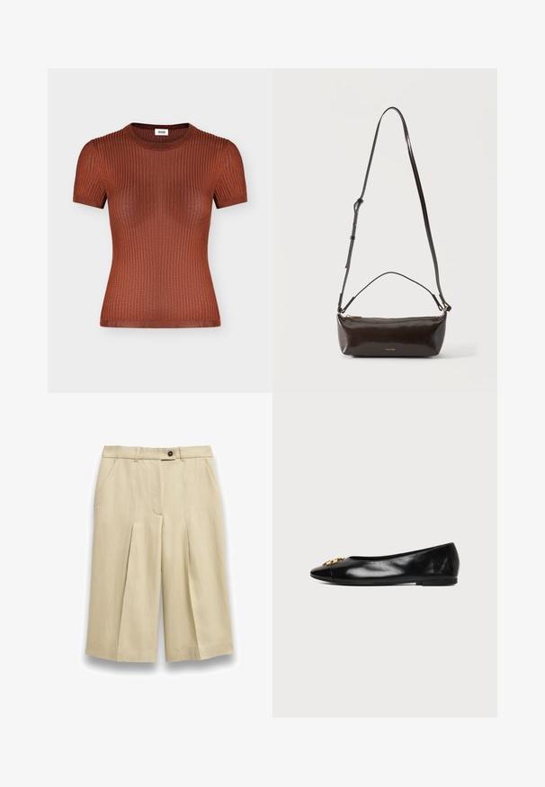 Haut en maille côtelée à manches courtes couleur rouille marron avec un col rond, une silhouette ajustée et des détails de texture subtils.; Shorts beige tailleur longueur genou avec plis à l'avant, poches latérales, passants pour ceinture et une fermeture à bouton unique foncé à la taille.; Chaussure plate en cuir noir avec un bout pointu et un emblème décoratif doré sur fond blanc uni.; Petit sac à bandoulière en cuir marron foncé brillant avec bandoulière réglable, poignée supérieure et fermeture éclair dorée.