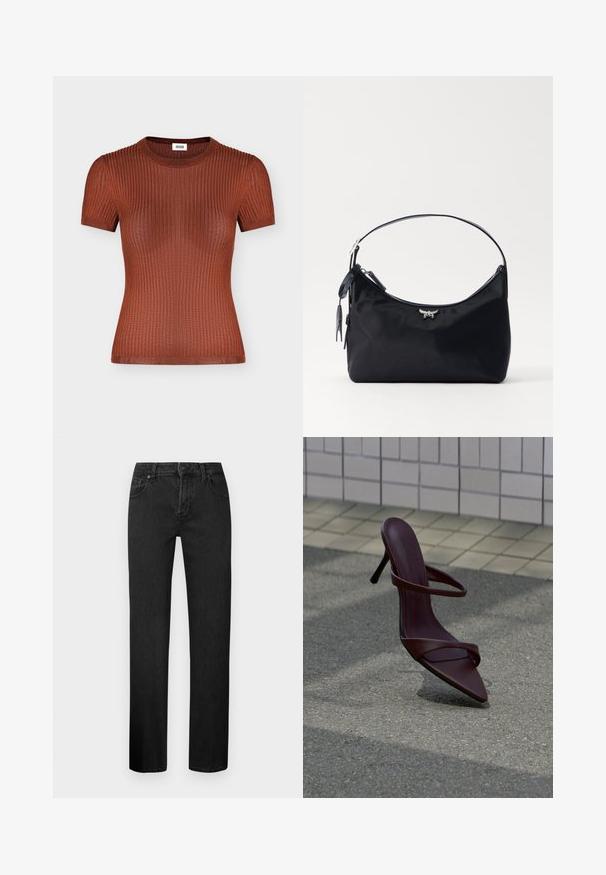 Top met korte mouwen, geribbelde gebreide stof in roestbruin met een ronde hals, aansluitende pasvorm en subtiele textuurdetails.; Zwarte rechte jeans van denim, met een klassiek vijf-pocket ontwerp, knopsluiting en riemlussen. Glad oppervlak.; Donkerbruine sandaal met hoge hak en dunne bandjes, zwevend boven grijs asfalt nabij een betegelde muur.; Zwarte nylon handtas met een gebogen silhouet, slanke verstelbare schouderband en een metallic accent met een gevleugeld embleem aan de voorkant.