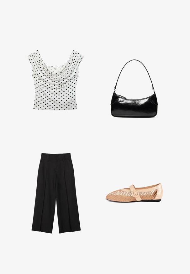 Haut blanc sans manches avec large encolure et pois noirs, posé à plat sur un fond blanc.; Pantalon noir large et raccourci avec passants de ceinture et plis à l'avant, confectionné dans un tissu lisse pour un look élégant et ajusté.; Ballerine en mesh beige avec une bride à boucle circulaire. Présente un dessus en mesh texturé et une finition laquée lisse au niveau du talon.; Sac à épaule en cuir noir brillant avec un seul compartiment zippé et une fine bandoulière arquée.