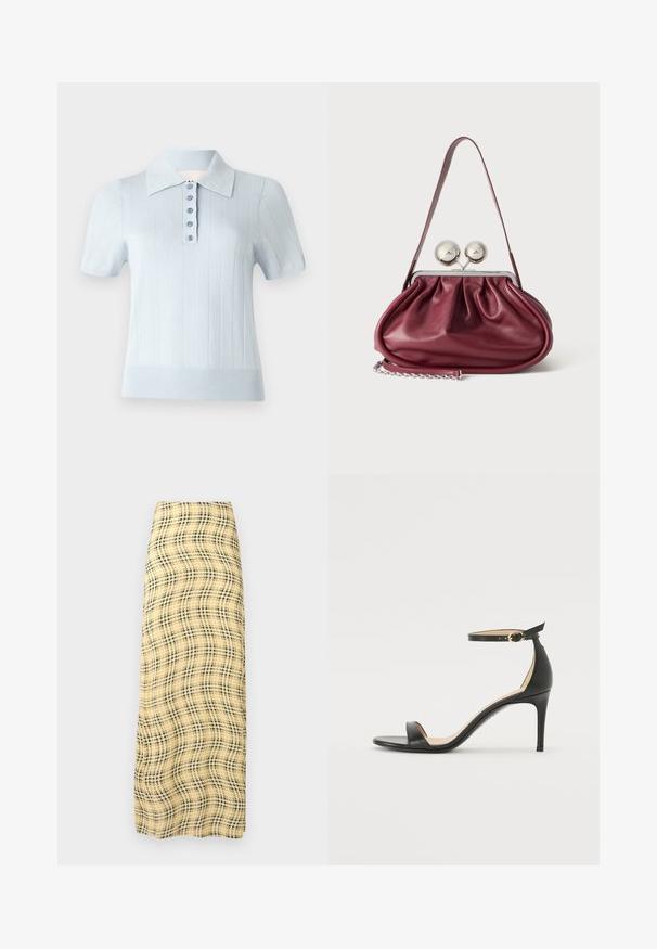 Hele helesinine lühikese varrukaga polo särk, millel on sooniktekstuur, lame krae ja eesmine plakeering, kus on kuus sobivat nööpi.; Rabanne Maksiseelik - green/yellow/cream; Must musta kõrgete kontsadega sandaal, millel on pahkluule kinnituv rihm. Omab sileda tekstuuri, avatud varbaosa ning õhukest kontsa. Kuldtooniline pandla detail.; Väike burgundia nahast käekott kortsudetailidega, õhukese rihmaga ja kahe suure ringikujulise nööbiga hõbedane kinnitus.