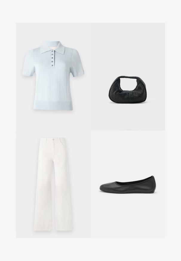 Lyseblå kortærmet polo skjorte med ribbet tekstur, flad krave og en frontplade med seks matchende knapper.; Hvide, højtaljede bukser med bred ben lavet af denim. Har en knaplukning, to forlommer og sidesømme med syningsdetaljer.; Sort læderballetsko med rund tå, glat tekstur, minimal syning og et fleksibelt såldesign.; Sort flettet hobo-taske med blød struktur og integreret håndtag, vist på en ensfarvet lys baggrund.