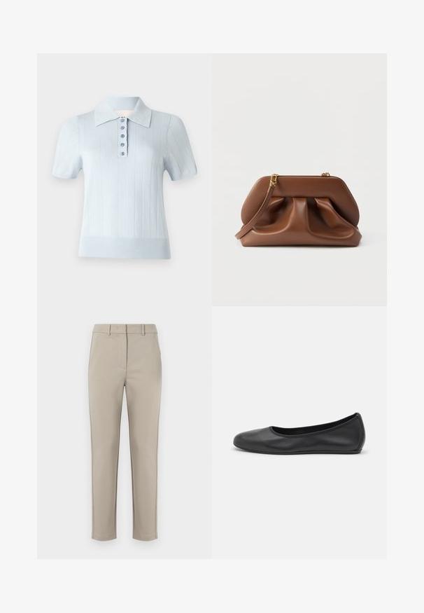 Lyseblå kortærmet polo skjorte med ribbet tekstur, flad krave og en frontplade med seks matchende knapper.; MM by MaxMara EFFETTO - Bukser - sand; Sort læderballetsko med rund tå, glat tekstur, minimal syning og et fleksibelt såldesign.; Brun clutchtaske i læder med rynket design, guldfarvet hardware og aftagelig håndledsrem på hvid baggrund.