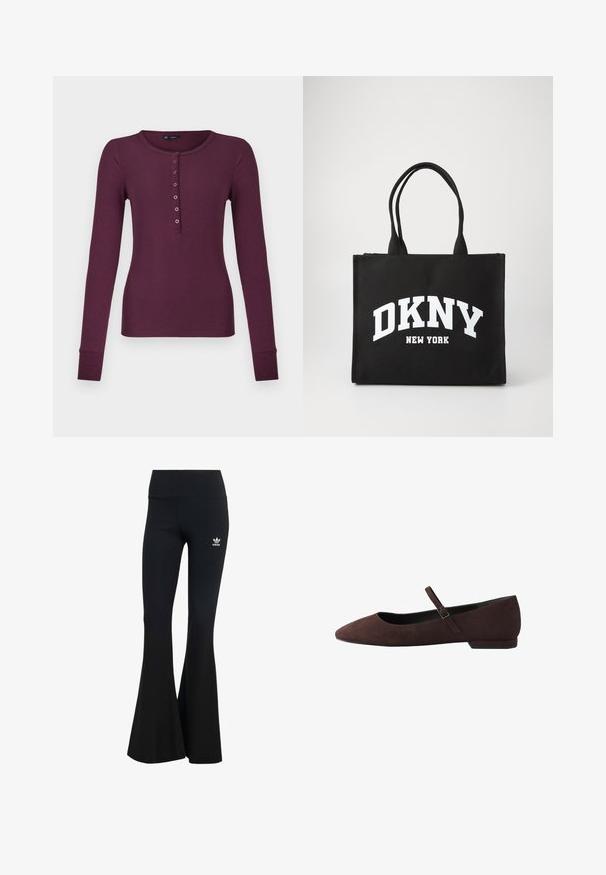 Pitkähiinen ribbiknitti Henley-paita tummanluumunvärisenä, seitsemällä napilla ja hihansuihin käänteillä.; Mustat ribattu flared leggings, joissa on leveä vyötärönauha ja pieni valkoinen Adidas-logo vasemmalla ylhäällä. Pehmeä kankaan rakenne.; Ruskea mokkanahkainen kärjestä kapea matala kenkä, jossa ohut säädettävä remmi päällä ja pieni korko naisten käyttöön.; Musta olkalaukku, jossa on teksti "DKNY NEW YORK" rohkeilla valkoisilla kirjaimilla. Valmistettu kankaasta, jossa on tukevat kahvat ja suorakaiteen muotoinen rakenne.