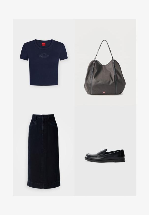 Marineblaue, kurz geschnittene T-Shirt mit kurzen Ärmeln, rundem Ausschnitt, dezentem gesticktem Logo in der Mitte und rotem Markenetikett im Krageninneren.; Dunkelblaue Denim-Midikleid mit hoher Taille, vorderem Knopfverschluss und seitlichen Taschen; hat einen geraden Schnitt und dezente Saumdetails.; Schwarze Lederloafers mit einem gestickten Akzentdesign, runder Zehenform, flacher Gummisohle und einer glatten Oberfläche. Klassische, vielseitige Silhouette.; Schwarze weiche Tragetasche mit zwei verstellbaren Schultergurten und einem kleinen roten Herz-Emblem nahe der Basis vor einfachem Hintergrund.