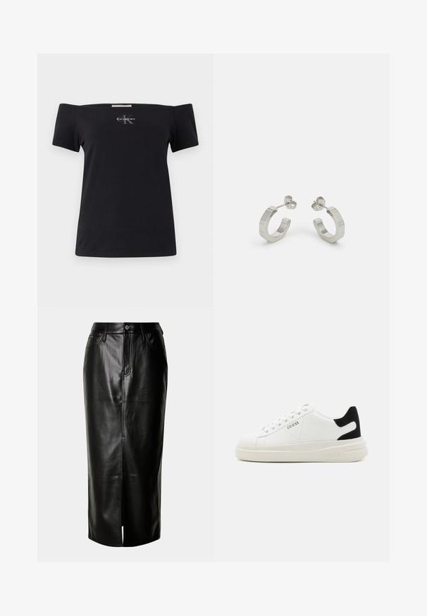 Čierne tričko s odhalenými ramenami vyrobené z bavlny s krátkymi rukávmi. Na prednej strane je malé šedé logo Calvin Klein.; Čierna kožená midi sukňa so striedmym strihom, predným rozparkom a klasickým dizajnom s piatimi vreckami a kovovými detailmi.; Biele kožené tenisky s hrubou bielou podrážkou, čiernym zamekom na päte a vyrazeným logom na boku. Šnurovací dizajn so šiestimi očkami.; Strieborné kovové náušnice v tvare kruhu s textúrovaným dizajnom, s malým zarážacím zapínaním a logom na jednom kruhu. Zaoblený tvar s lesklým povrchom.
