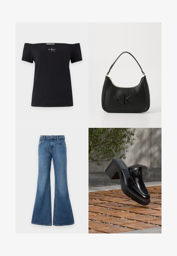 Čierne tričko s odhalenými ramenami vyrobené z bavlny s krátkymi rukávmi. Na prednej strane je malé šedé logo Calvin Klein.; Rozšírené džínsy v stredne modrej farbe s klasickým piatimi vreckami, pútkami na opasok a zapínaním na gombík. Hladká textúra s jemným vyblednutím.; Čierne kožené šľapky Calvin Klein s blokovým podpätkom, ktoré oddychujú na drevených dlaždiciach vonku blízko zelenej rastliny a šedej steny.; Čierna kožená kabelka so zakriveným tvarom, s zlatým zipsom a jemne embosovaným logom "cK". Hladká textúra a jediná rúčka.