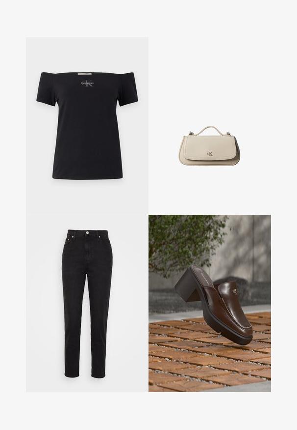 Čierne tričko s odhalenými ramenami vyrobené z bavlny s krátkymi rukávmi. Na prednej strane je malé šedé logo Calvin Klein.; Čierne vysoké slim-fit džínsy so zapínaním na gombík vpredu, pútkami na opasok a dizajnom s piatimi vreckami na bielom pozadí.; Hnedý kožený Calvin Klein šľapák na podpätku vznášajúci sa nad prírodnou dlažbou s rozmazanou zelenou rastlinou a stenou v pozadí.; Malá béžová kožená kabelka s horným držadlom a strieborným logom CK na prednej chlopni, zobrazená na bielom pozadí.
