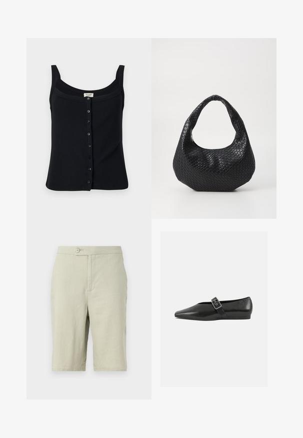 Débardeur noir à côtes avec un décolleté carré, des bretelles ajustables et une fermeture à boutons à l'avant comportant six boutons.; Shorts gris clair en tissu doux. Dotés d'une fermeture à bouton, de poches latérales et d'une coupe droite.; Chaussure plate en cuir noir avec un orteil pointu, présentant une sangle à boucle métallique sur le cou-de-pied et une semelle basse et flexible.; Sac à main tissé noir avec une poignée courbée, présentant une surface texturée et une forme décontractée. Fini lisse avec une silhouette organique.