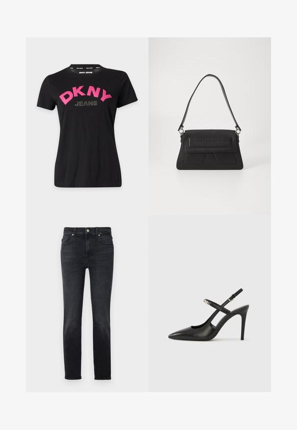 Sort kortærmet T-shirt med lyserød "DKNY" og mindre rhinsten "JEANS" tekst på fronten, rund hals design.; Sorte denimjeans med lige ben, der har knaplukning, fem lomme-design og subtile sømdetaljer.; Sorte læder slingback-højhæle med spids tå, udskåret design og justerbar rem med metalhardware.; Sort håndtaske med en tekstureret overflade, en fold-over klap med præget logo og en slank skulderrem. Rektangulær form med vinklede accenter.