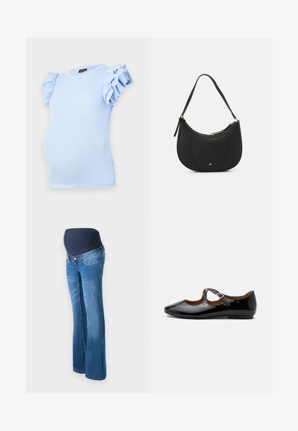Lichtblauw zwangerschaps T-shirt van ribstof, met korte, gerimpelde mouwen en een ronde halslijn. Ontworpen voor een comfortabele pasvorm.; Zwangere spijkerbroeken van blauw denim, met een donker marineblauwe stretchpaneel bij de taille, uitlopende pijpen en een klassieke vijf-pocketontwerp.; Zwarte lakleren Mary Jane platte schoen met twee uitsparingen en een gouden gespbandje op een witte achtergrond.; Zwarte leren handtas met een gebogen vorm, textuuroppervlak, voornaden en een logo in goudkleur. Beschikt over een enkele verstelbare schouderband.