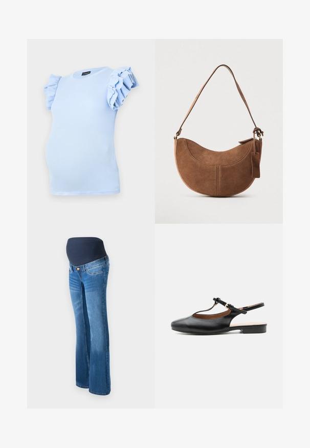 Lyseblå graviditetstrøje lavet af ribbet stof, med korte, flæseærmer og en rund udskæring. Designet til en komfortabel pasform.; Graviditetsjeans lavet af blå denim, med en mørkeblå strækpanel i taljen, udfoldede ben og klassisk fem-lomme design.; Sort læder flad slingback-sko med T-rem og guldlås på neutral baggrund.; Brun ruskinds håndtaske med en buet, halvmåneformet silhuet. Har en skulderrem, et lille mærke og synlige sømme langs kanterne.