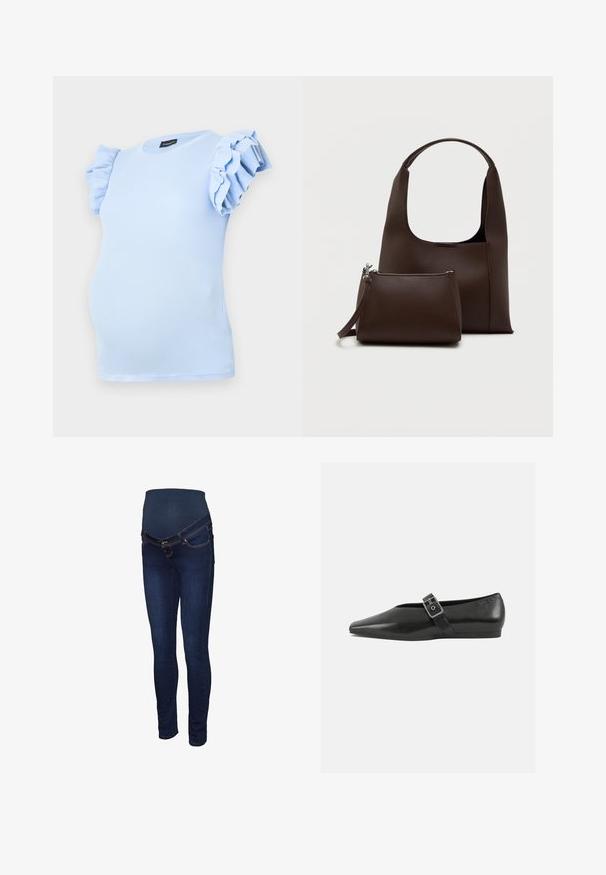 Lyseblå graviditetstrøje lavet af ribbet stof, med korte, flæseærmer og en rund udskæring. Designet til en komfortabel pasform.; Mørkeblå graviditetsjeans med et strækbart panel ved taljen, slank pasform og klassisk fem-lomme design med kontrastsyninger.; Sorte læder flade sko med spidse tæer, prydet med en metallisk spænde over vristen og en lav, fleksibel sål.; Brun syntetisk håndtaske med et buet håndtag og en glat tekstur. Inkluderer et matchende lille toilettaske med lynlås. Minimalistisk design.