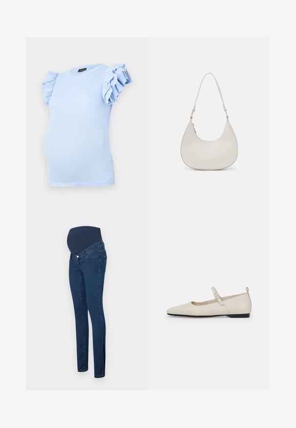 Atasan maternitas berwarna biru muda yang terbuat dari kain ribbed, dengan lengan pendek berkerut dan leher bulat. Dirancang untuk memberikan kenyamanan.; Raskaat farkut tummansinisestä denimistä, jossa on joustava, kiinteä laivaston sininen paneeli vatsatukea varten. Ominaisuuksia ovat kapea malli ja perinteinen viiden taskun muotoilu.; Valkoiset nahkaiset balettitossut tupsukärkisellä varrella, nilkkaremmi ja matala musta korko. Sileä pinta ja vähäiset yksityiskohdat.; Kreemivärvi nahast õlakott, millel on kuu kujuline disain, õhuke rihm ja peened õmblused. Minimalistlik disain koos kuldse tooni metallitöötluse aktsentidega.