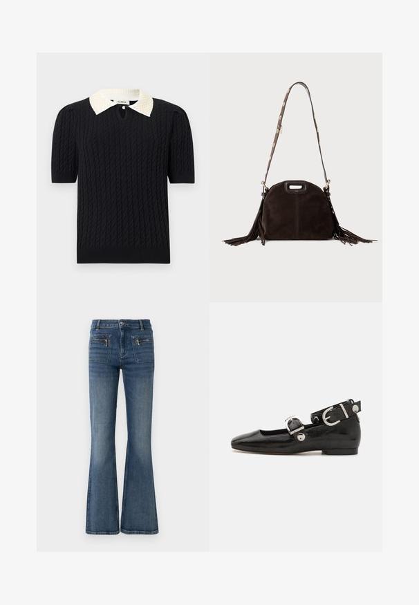 Haut noir en maille à manches courtes avec motif torsadé, doté d'un col pointu blanc orné de perles et d'une petite ouverture frontale avec bouton.; Jeans en denim bleu évasés avec une taille mi-haute, dotés de poches avant et arrière et d'un léger délavage.; Ballerine en cuir verni noir avec un bout carré, sangle de cheville avec des détails en métal argenté et semelle plate. Texture lisse avec un design minimaliste.; Sac à main en daim brun foncé avec découpe pour la poignée supérieure, longue bandoulière ajustable avec détails de boutons dorés et longues franges des deux côtés.
