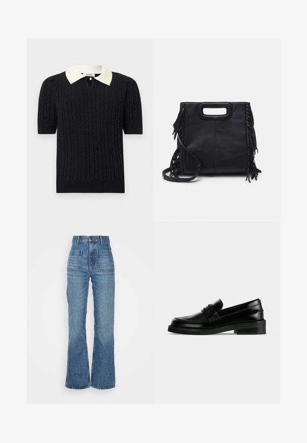Schwarzes, kurzärmeliges Strickoberteil mit Zopfmuster, ausgestattet mit einem weißen, spitzen Kragen, der mit Perlen verziert ist, und einem kleinen vorderen Schlüsselloch-Knopf.; Hoch taillierte blaue Jeans aus Denim mit weitem Bein, zwei Fronttaschen und zwei Gesäßtaschen; strukturiert mit einem ausgewaschenen Look.; Schwarzer, polierter Lederloafer mit niedrigem Blockabsatz, Mokassinnaht und dekorativem Riemen über dem Spann.; Schwarze Lederhandtasche mit strukturiertem Design, oberen Griff und Fransenakzenten. Verfügt über einen abnehmbaren Schultergurt für mehr Vielseitigkeit.