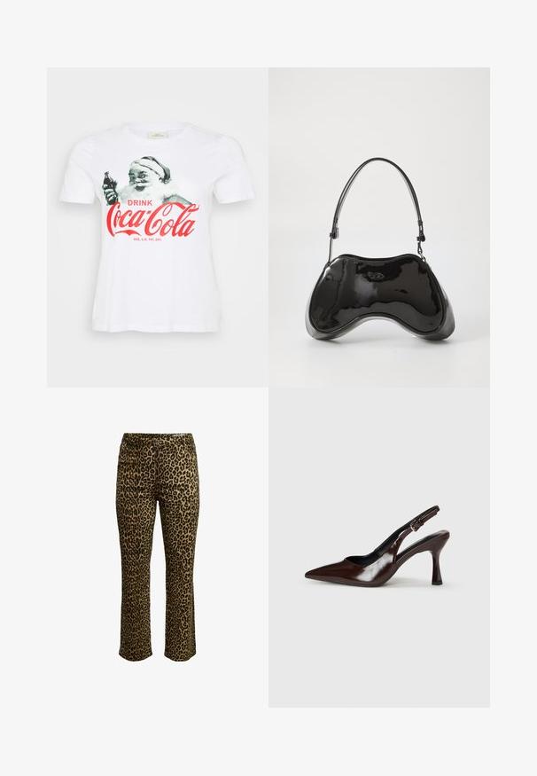 Hvid bomulds T-shirt med et vintage Santa Claus grafisk design, hvor han holder en Coca-Cola flaske, med røde bogstaver der siger "DRIK Coca-Cola."; Leopardmønstret bukser med slim fit, knaplukning og syning i taljen samt let stræk for komfort.; Brune patenterede læderslingback-sandaletter med spids tå, en tynd hæl og justerbar rem med en lille spænde.; Sort patentlæder håndtaske med en unik buet form, kort justerbar hank og en lynlåslukning i toppen. Glat tekstur med diskret branding.