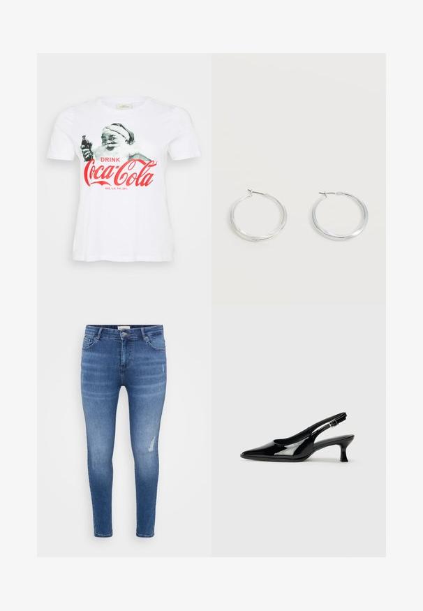 Camiseta blanca de algodón con un gráfico vintage de Santa Claus sosteniendo una botella de Coca-Cola, con texto rojo que dice "BEBE Coca-Cola."; Vaqueros ajustados de denim en un tono azul claro con ligeras arrugas, toques desgastados, cinco bolsillos y cierre de cremallera. Textura suave.; Zapatos de charol negro tipo slingback con punta afilada y tacón bajo. Correa ajustable con hebilla en el tobillo.; Pendientes de aro de metal plateado con superficie lisa y ligeramente curvada y cierre de tipo mosquetón sobre un fondo blanco liso.