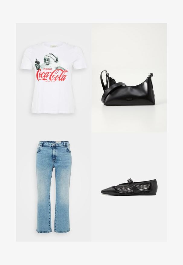 Λευκό βαμβακερό T-shirt με γραφικό vintage Άι Βασίλη που κρατάει ένα μπουκάλι Coca-Cola, με κόκκινο κείμενο που λέει "ΠΙΕ Κόκα-Κόλα."; Ανοιχτό γαλάζιο τζιν παντελόνι με ίσια γραμμή, διαθέτει κουμπί κλεισίματος, πέντε τσέπες και ελαφριά φθορά στα γόνατα.; Μαύρο επίπεδο παπούτσι με μυτερή μύτη, πλάγιες πάνελ από δίχτυ και λουράκι με λεπτομέρεια από αγκράφα. Λείος φινίρισμα στη μύτη και τις φτέρνες.; Μαύρη δερμάτινη τσάντα χειρός με λεία υφή. Διαθέτει ρυθμιζόμενο λουρί και κομψό, μινιμαλιστικό σχέδιο με φερμουάρ.