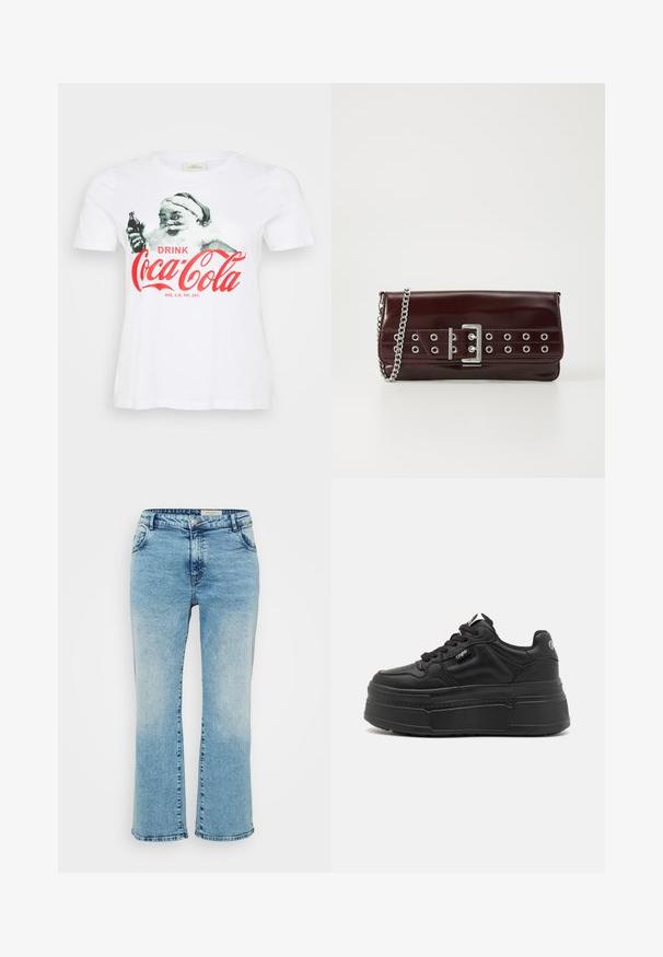 Weißes Baumwoll-T-Shirt mit einem Vintage-Weihnachtsmann-Design, der eine Coca-Cola-Flasche hält, und rotem Text, der "DRINK Coca-Cola" sagt.; Hellblaue Denim-Jeans mit geradem Schnitt, Knopfverschluss, fünf Taschen und dezentem Ausbleichen an den Knien.; Schwarze Plattform-Sneaker mit einem Obermaterial aus glattem Leder, runder Spitze, Schnürung und einer strukturierten Gummisohle mit geometrischen Akzenten.; Burgunderfarbene Kunstleder-Clutch mit einem silbernen Kettenriemen, ausgestattet mit einem Schnallendesign und metallischen Ösen vorne für zusätzliche Details.