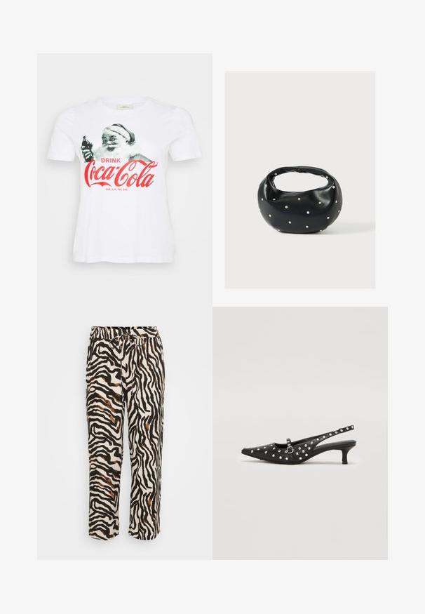 Camiseta blanca de algodón con un gráfico vintage de Santa Claus sosteniendo una botella de Coca-Cola, con texto rojo que dice "BEBE Coca-Cola."; Pantalones con cordón en una tela ligera, con un patrón de cebra en blanco y negro con acentos marrones. Corte relajado y largo cropped.; Zapatos de tacón bajo negros tipo slingback con punta afilada, decorados con tachuelas plateadas, que presentan un detalle de correa con hebilla.; Bolso de mano de cuero negro con forma redondeada, decorado con detalles de tachuelas plateadas y un asa corta. Textura lisa y cierre con cremallera.