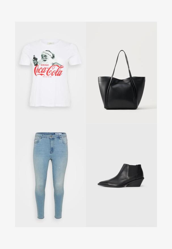 Weißes Baumwoll-T-Shirt mit einem Vintage-Weihnachtsmann-Design, der eine Coca-Cola-Flasche hält, und rotem Text, der "DRINK Coca-Cola" sagt.; Hellblaue Denim-Jeans mit einer Slim-Fit-Passform, mittelhoher Taille, klassischem Fünf-Taschen-Design und subtilen abgenutzten Details an der Vorderseite.; Schwarze Leder Stiefeletten mit spitz zulaufender Zehenpartie, elastischen Seitenteilen und einem kurzen, schrägen Absatz. Glatte Textur mit minimalen Details.; Schwarze Ledertasche mit zwei langen Henkeln und einem leicht gebogenen oberen Rand, vor einem schlichten hellen Hintergrund präsentiert.