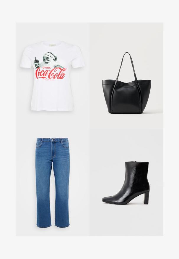 Weißes Baumwoll-T-Shirt mit einem Vintage-Weihnachtsmann-Design, der eine Coca-Cola-Flasche hält, und rotem Text, der "DRINK Coca-Cola" sagt.; Blaue Jeans aus Denim mit geradem Beinansatz, ausgestattet mit einem Knopfverschluss, klassischem Fünf-Taschen-Design und subtiler, ausgewaschener Textur an den Oberschenkeln.; Schwarze Knöchelstiefel aus glänzendem Leder mit spitzem Zustand und mittelhohem Blockabsatz, mit glatter Textur und einfachem Design.; Schwarze Ledertasche mit zwei langen Henkeln und einem leicht gebogenen oberen Rand, vor einem schlichten hellen Hintergrund präsentiert.