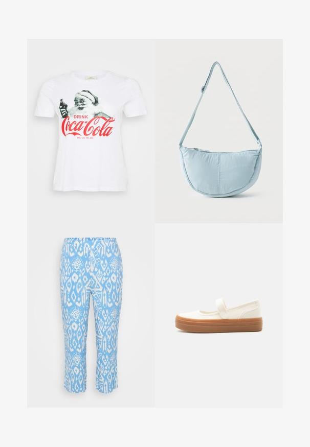 Valge puuvillane T-särk, millel on retro Santa Claus'i graafika, kes hoiab kätel Coca-Cola pudelit, ning punane tekst "JOOB Coca-Cola."; Heledadsinine capri püksid, millel on valge geomeetriline Muster. Valmistatud pehmest ja venivast kangast, millel on elastne vöökoht.; Valge lõuendkangast Mary Jane jalanõu paksu pruuni kummist tallaga ja ühe rihmaga peal.; Hele sinine poolkuukujuline õlakott reguleeritava rihma ja pealmise tõmblukuga ühevärvilisel taustal.