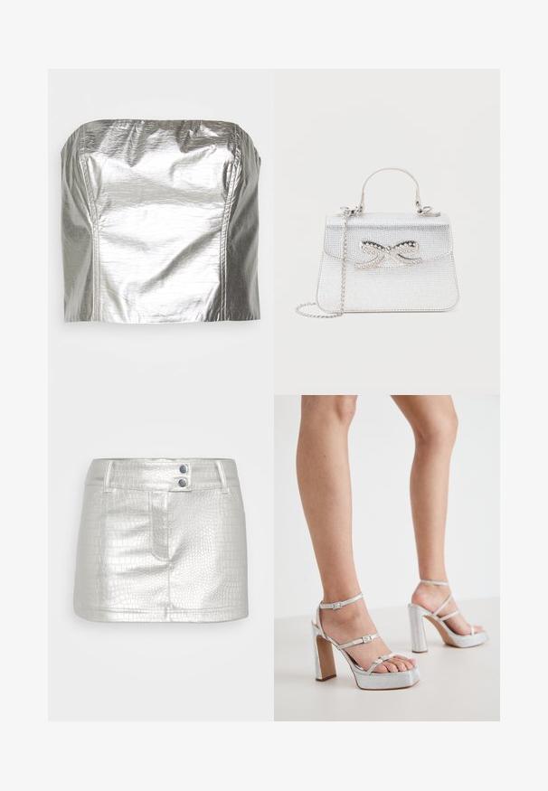 Gina Tricot TUBE - Μπλούζα - silver-coloured; Ασημί φούστα από συνθετικό δέρμα με υφή κροκόδειλου, που διαθέτει δύο μπλε κουμπιά ως διακόσμηση και εφαρμοστή σχεδίαση.; Ασημί πλατφόρμες ψηλοτάκουνα σανδάλια με ιμάντες στον αστράγαλο, υφασμάτινη υφή, φαρδύτερη block τακούνι και ρυθμιζόμενους γάντζους.; Μικρή ασημένια τσάντα με επάνω χερούλι, αλυσίδα ιμάντα και διακοσμητικό φιόγκο με στρας στο μπροστινό καπάκι.