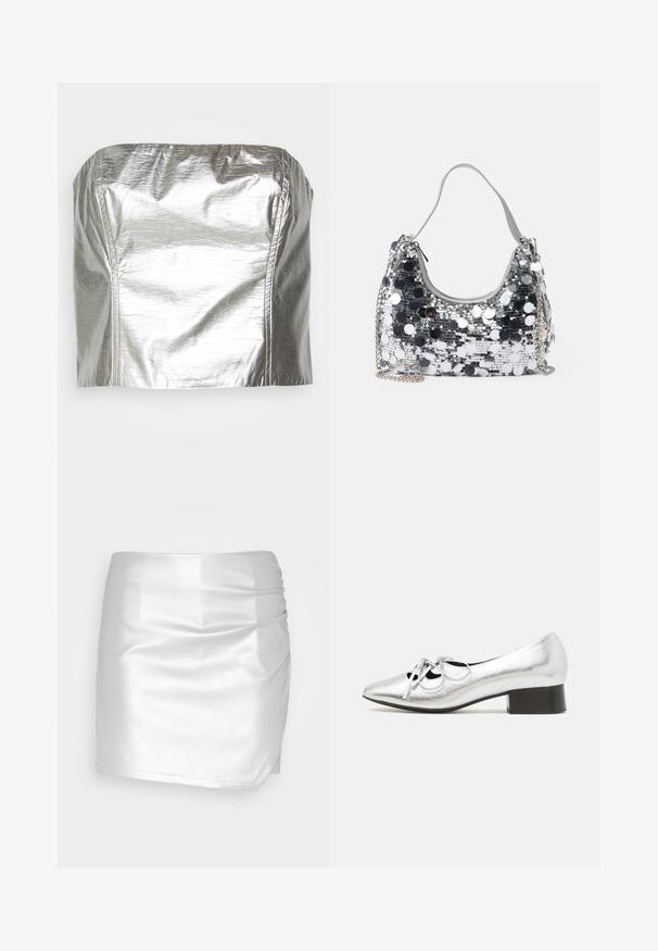 Gina Tricot TUBE - Top - silver-coloured; Even&Odd by Zalando Shorts - silver; Zapato de cuero sintético plateado con punta afilada, detalle decorativo de encaje y un bajo tacón cuadrado negro. Textura suave y acabado brillante.; Bolso de mano plateado con forma redondeada, una asa suave y una correa de cadena plateada. Presenta un cierre de cremallera y acentos reflectantes.