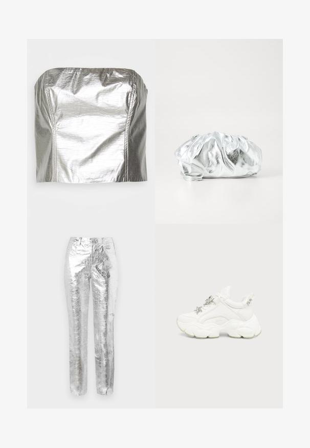 Gina Tricot TUBE - Μπλούζα - silver-coloured; Ασημί, μεταλλικά παντελόνια με ζαρωμένη υφή. Σχεδίαση κανονικής γραμμής, μπροστινές τσέπες και κλείσιμο με φερμουάρ. Λείο και ανακλαστικό επιφάνεια.; Λευκό chunky sneaker με παχιά υφή στη σόλα, ασημένιο αστέρι και διακοσμήσεις πεταλούδας στα λευκά κορδόνια, και ασημένια καρφιά στο πίσω μέρος.; Μεταλλική ασημένια τσάντα χερίου με απαλή, συγκεντρωμένη δομή και λεπτό λουρί ώμου. Διαθέτει λεία, γυαλιστερή υφή και στρογγυλό σχήμα.