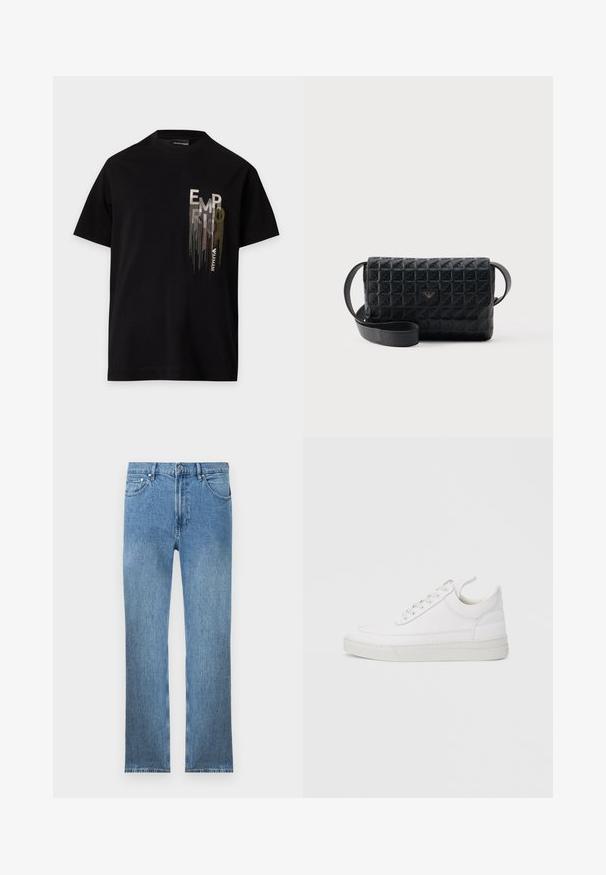 Schwarzes T-Shirt mit kurzen Ärmeln und einem vertikalen metallisch silbernen und goldenen "EMPORIO ARMANI" Logo auf der linken Brust.; Hellblaue Jeans aus Denim mit geradem Schnitt, fünf Taschen, einem Reißverschluss und kontrastierender Naht. Der Stoff hat eine glatte, strukturierte Oberfläche.; Weißer Ledersneaker mit abgerundetem Zehenbereich, flacher Sohle und Schnürverschluss. Verfügt über Nahtdetails und einen gepolsterten Kragen für zusätzlichen Komfort.; Schwarze, strukturierte Umhängetasche mit Klappverschluss und kleinem Metalllogo auf der Vorderseite, vor einem schlichten Hintergrund präsentiert.