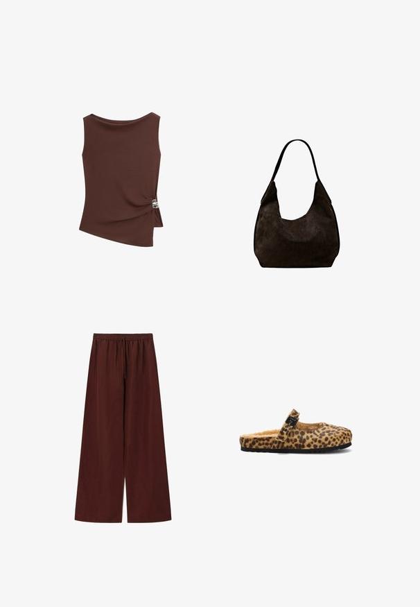 Mouwloze bruine asymmetrische top met een lichte gedrapeerde detail aan de rechterkant, vastgemaakt met een kleine zilveren gesp.; Bruine wijde broek met elastische tailleband en trekkoord, gemaakt van lichtgewicht stof.; Slingback pantoffel met luipaardprint, een zachte binnenkant, een ronde neus en een decoratieve zwarte gesp. Zwarte rubberen zool met textuur.; Zachte zwarte suède schoudertas met een enkele brede band en een afgeronde, licht slungelige vorm.