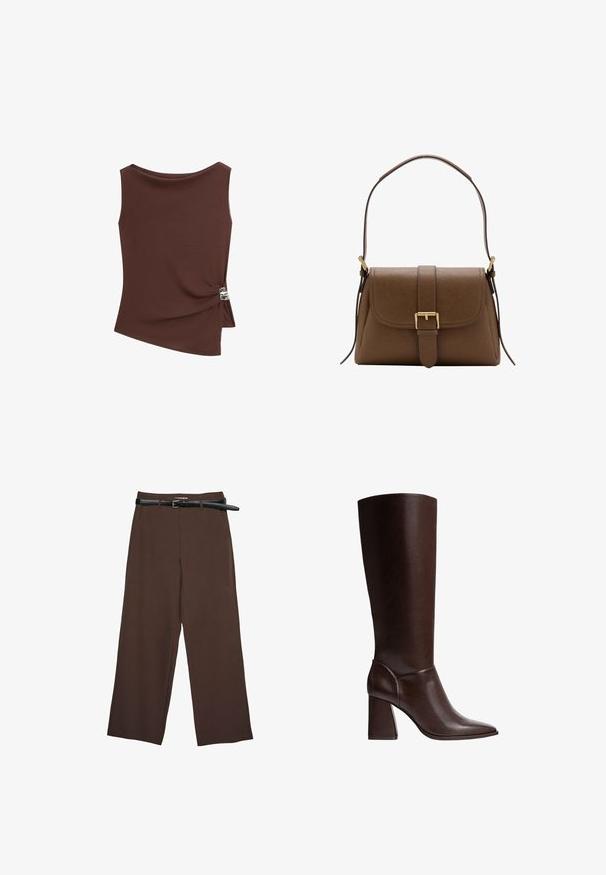 Haut asymétrique marron sans manches avec un léger détail drapé sur le côté droit, fermé par un petit fermoir argenté.; Pantalons larges marron avec une texture lisse, dotés d'une ceinture noire et d'une taille ajustée, offrant une coupe structurée.; Botte en cuir marron, montant jusqu'au genou, avec un bout pointu et un talon bloc, présentant une texture lisse et un design élégant. Broderies accentuées au niveau de la cheville.; Sac à bandoulière en cuir marron avec rabat avant et boucle dorée, disposant d'une bandoulière réglable avec ferrures dorées sur fond blanc.