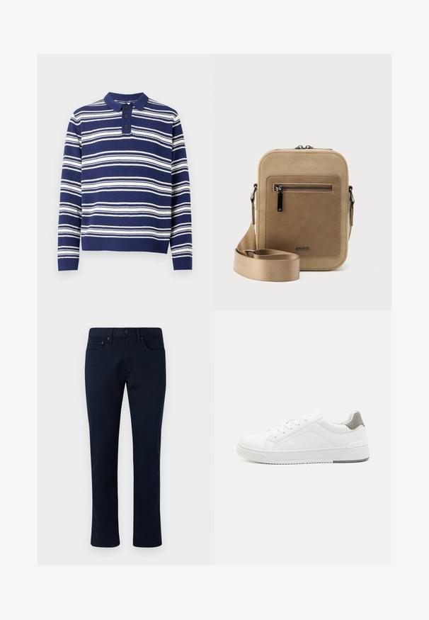 Pull rayé en bleu marine et blanc, avec un col à trois boutons, en maille texturée, et des poignets côtelés.; Pantalon en denim bleu marine avec une coupe slim, présentant un design classique à cinq poches et des accents de couture subtils. Texture lisse et sans ornements.; Basket blanche en cuir lisse, à bout arrondi, design minimaliste, accent de talon gris et semelle en caoutchouc texturé.; Petit sac bandoulière beige avec poche avant zippée, logo métallique ALDO, sangle large ajustable et forme rectangulaire arrondie sur fond blanc.