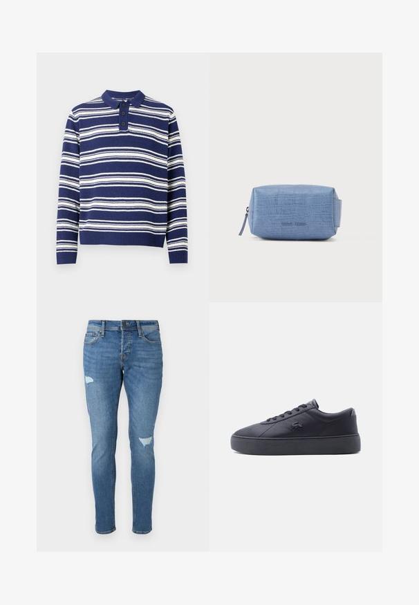 Gestreifter Pullover in Marineblau und Weiß, mit einem Kragen und drei Knöpfen, strukturiertem Strickmaterial und gerippten Bündchen.; Verblasste blaue Jeans im Slim-Fit, mit zerstörten Stellen an den Knien, einem Knopfverschluss und einem Fünf-Taschen-Design.; Schwarzer Leder-Sneaker mit niedrigem Schaft, dicker Sohle, Schnürung vorne und Krokodil-Logo an der Seite, von der Außenseite gezeigt.; Hellblaue Kosmetiktasche aus Kunstleder mit Krokodilprägung, rechteckige Form, Reißverschlussverschluss und eingeprägtem Logo an der Seite.