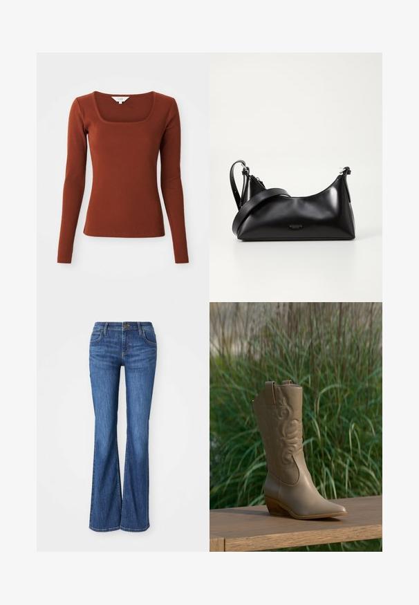 Rostfarbene, gerippte Langarmbluse mit quadratischem Ausschnitt, figurbetonter Silhouette und einem kleinen Markenlabel am Kragen.; Blaue Denim-Bootcut-Jeans mit Fronttaschen, Knopfverschluss und Gürtelschlaufen, auf einem weißen Hintergrund präsentiert.; Hellbrauner Leder-Cowboystiefel mit besticktem Design und Holzabsatz, platziert auf einer Holzoberfläche vor grünem Pflanzenhintergrund.; Schwarze lederne Handtasche mit glatter Textur. Verfügt über einen verstellbaren Riemen und ein elegantes, minimalistisches Design mit einem Reißverschluss.