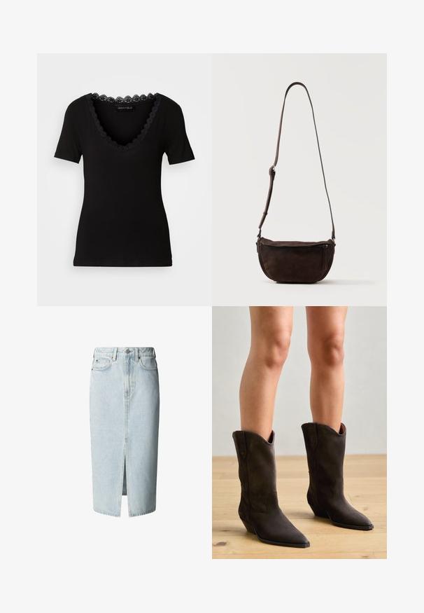Zwart T-shirt met korte mouwen en een V-hals ontwerp, voorzien van een gekartelde kantafwerking rond de halslijn, gemaakt van zacht katoen.; Lichtblauwe denim midi-rok met voorsplit, ceintuurlussen, knoop- en ritssluiting, en voor- en achterzakken.; Pavement NIKKI - Cowboy-/Bikerlaarzen - brown; Donkerbruine suède crossbodytas met een verstelbare riem en een ritsvak aan de voorkant, staand tegen een effen lichte achtergrond.
