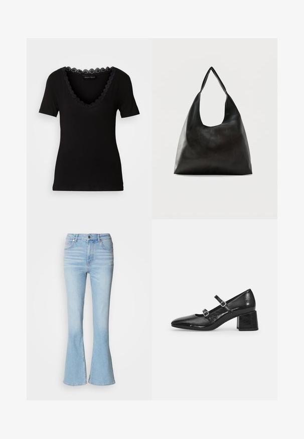 Schwarzes T-Shirt mit kurzen Ärmeln und V-Ausschnitt, versehen mit einem gewellten Spitzenbesatz am Ausschnitt, aus weichem Baumwollmaterial gefertigt.; Helle blaue Schlagjeans aus Denim mit hoher Taille, die eine dezente Ausbleichung und einen klassischen Reißverschluss hat.; Schwarze Lackleder-Mary-Jane-Schuhe mit spitzem Zeh, zwei verstellbaren Riemen und einem klobigen Blockabsatz. Glatte Textur und glänzende Oberfläche.; Schwarze, glatte Leder-Schultertasche mit einem breiten, einzelnen Riemen und einem lässigen, minimalistischen Design vor einem einfarbigen Hintergrund.