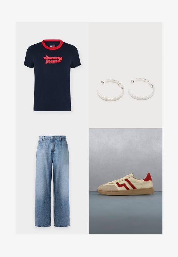 T-shirt bleu marine à manches courtes avec col rouge et logo rouge "tommy jeans New York City" sur la poitrine.; Jean en denim bleu clair, coupe large, taille haute, avec bouton à l'avant et poches latérales, présenté sur un fond blanc.; Baskets en cuir beige avec accents rouges et semelle en caoutchouc texturée. Présente un design classique avec deux bandes rouges et des lacets crème.; Boucles d'oreilles demi-cercles ton argent avec texture striée et fermoirs à pression sur fond blanc.