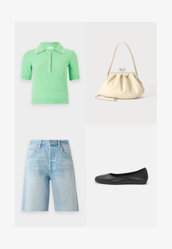 Kortærmet polotrøje i lys grøn med et tekstureret stof, der har en hvid krave og fem dekorative knapper.; Lyseblå denimshorts med høj talje, fem lommer og rå kant. Blødt materiale og klassisk snit, velegnet til afslappet brug.; Sort læderballetsko med rund tå, glat tekstur, minimal syning og et fleksibelt såldesign.; Cremefarvet blødt læder håndtaske med indsamlet design, sølvramme-lukkemekanisme, kort hank og aftagelig kæderem.