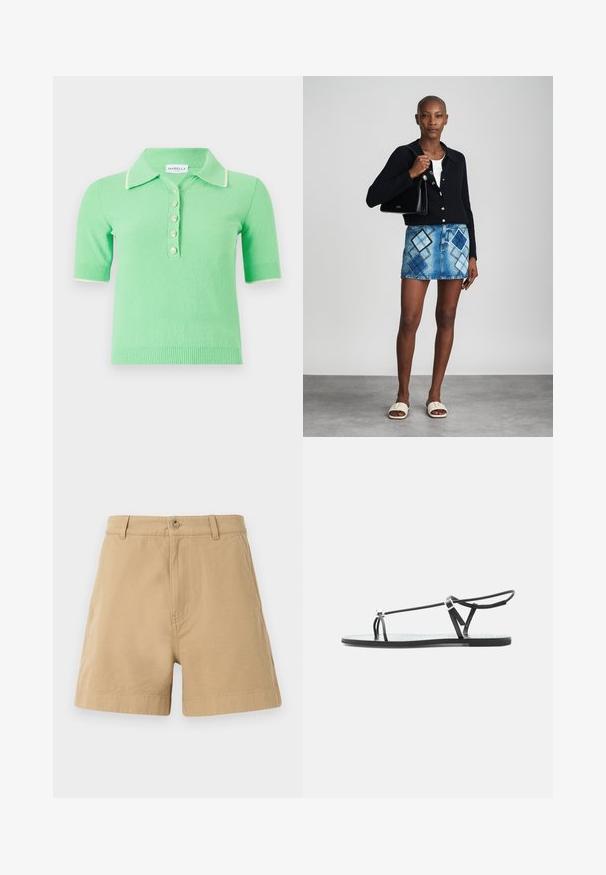 Korte mouw polo trui in lichtgroen met een gestructureerde stof, voorzien van een witte kraag en vijf decoratieve knopen.; Beige katoenen shorts met een klassiek ontwerp, voorzien van een sluiting met een voorknop en riemlussen. Glad van textuur met zijzakken.; Zwarte platte sandaal met dunne bandjes, een teenlus en een verstelbare enkelgesp op een lichtgrijze achtergrond.; Zwarte gebreide cardigan, witte top, denimrok met blauw en zwart ruitpatroon, zwarte handtas en beige instapsandalen.