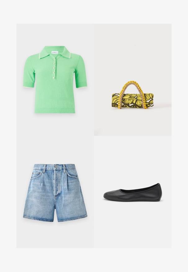 Pull polo à manches courtes, de couleur vert clair, en tissu texturé, avec un col blanc et cinq boutons décoratifs.; Shorts en denim bleu clair à taille haute, présentant une fermeture à bouton et à zip, des poches avant et un ourlet effiloché.; Ballerines en cuir noir avec un bout rond, texture lisse, détails de couture minimalistes et design de semelle flexible.; Sac rectangulaire avec motif floral jaune et noir et anse tressée jaune et rose sur fond blanc.