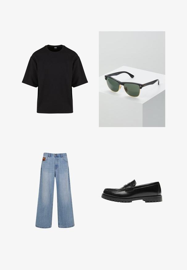 Urban Classics SCUBA TEE - T-shirt basic - black; Lichtblauwe wijde jeans met hoge taille en een klein kleurrijk geweven detail dat uit de rechtervoorkant van de broekzak steekt.; Zwarte leren loafer met een dikke rubberen zool en klassieke penny-strap details, gezien vanaf de buitenkant.; Ray-Ban zonnebrillen met groene lenzen, zwarte plastic monturen en gouden accenten aan de randen. Vierkante vorm met een matte afwerking.