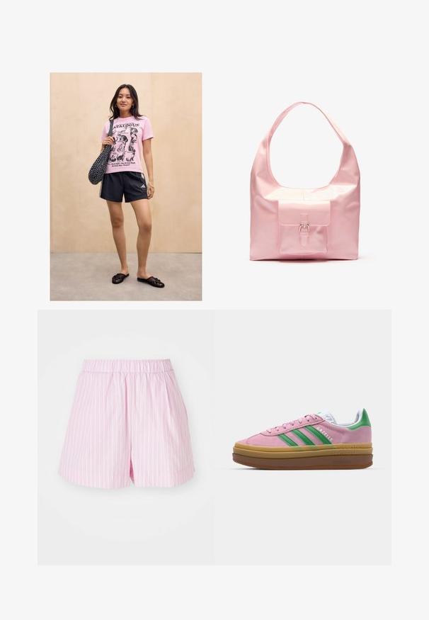 Kvinde står mod en lys trævæg iført en lyserød kattemotiveret t-shirt, sorte sportsshorts, sorte slip-on sandaler og bærer en sort taske med prikker.; Lyserøde shorts med hvide lodrette striber, udstyret med elastisk talje og løs pasform, lavet af blødt, let stof.; Lyserøde ruskindsneakers med grønne striber, hvide accenter og en brun gummisål. Har tekstureret stof og logodetaljer på siden.; Lyserød håndtaske med en blank finish, stor skulderrem, forlommer med dekorativ spænde detalje. Glat tekstur, minimalistisk design.