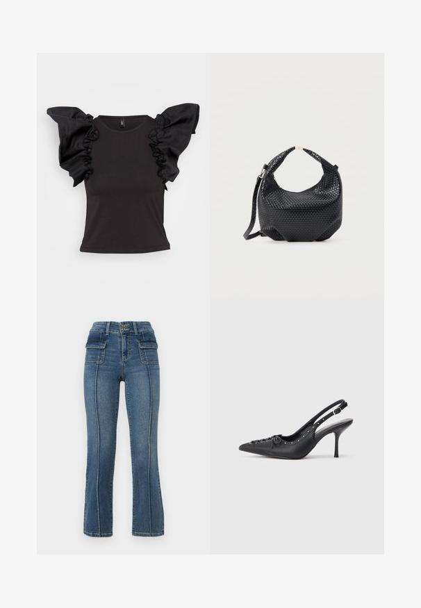 Sort kortærmet top med rynkede satin-skulderdetaljer og rund halsudskæring, lavet af et glat, strækbart materiale.; ONLY Petite ONLWAUW MID WAIST FLARED - Flared jeans - medium blue denim; Sorte læder slingback stiletto med spids tå, side spændebånd, nitter langs kanten og dekorativ snøring foran.; Sort flettet læderhåndtaske med kort håndtag og aftagelig skulderrem, vist mod en ensfarvet lys baggrund.