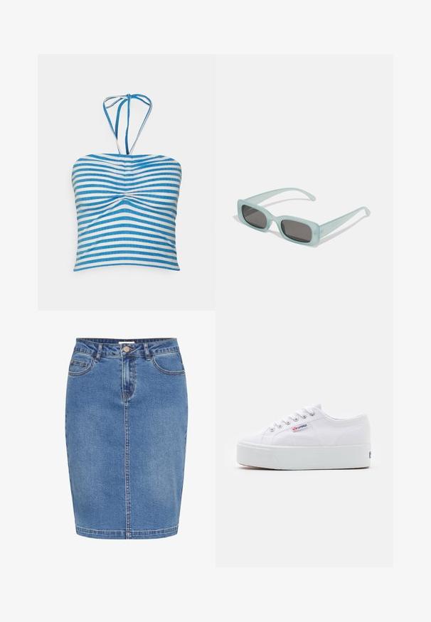 Pieces PCLAYA CROPPED TIE TUBE - Top - bright white/ibiza blue; Denim rok in lichtblauw met een aansluitend ontwerp, sluiting met knopen aan de voorkant, vijf zakken en contrasterende stiksels langs de naden.; Witte canvas sneaker met een dikke witte platformzool, ronde neus en metalen oogjes voor veters. Merkl logo aan de zijkant weergegeven.; Een paar rechthoekige zonnebrillen met lichtblauwe doorzichtige monturen en donkergrijze glazen, met rechte pootjes en minimale hardwaredetails.